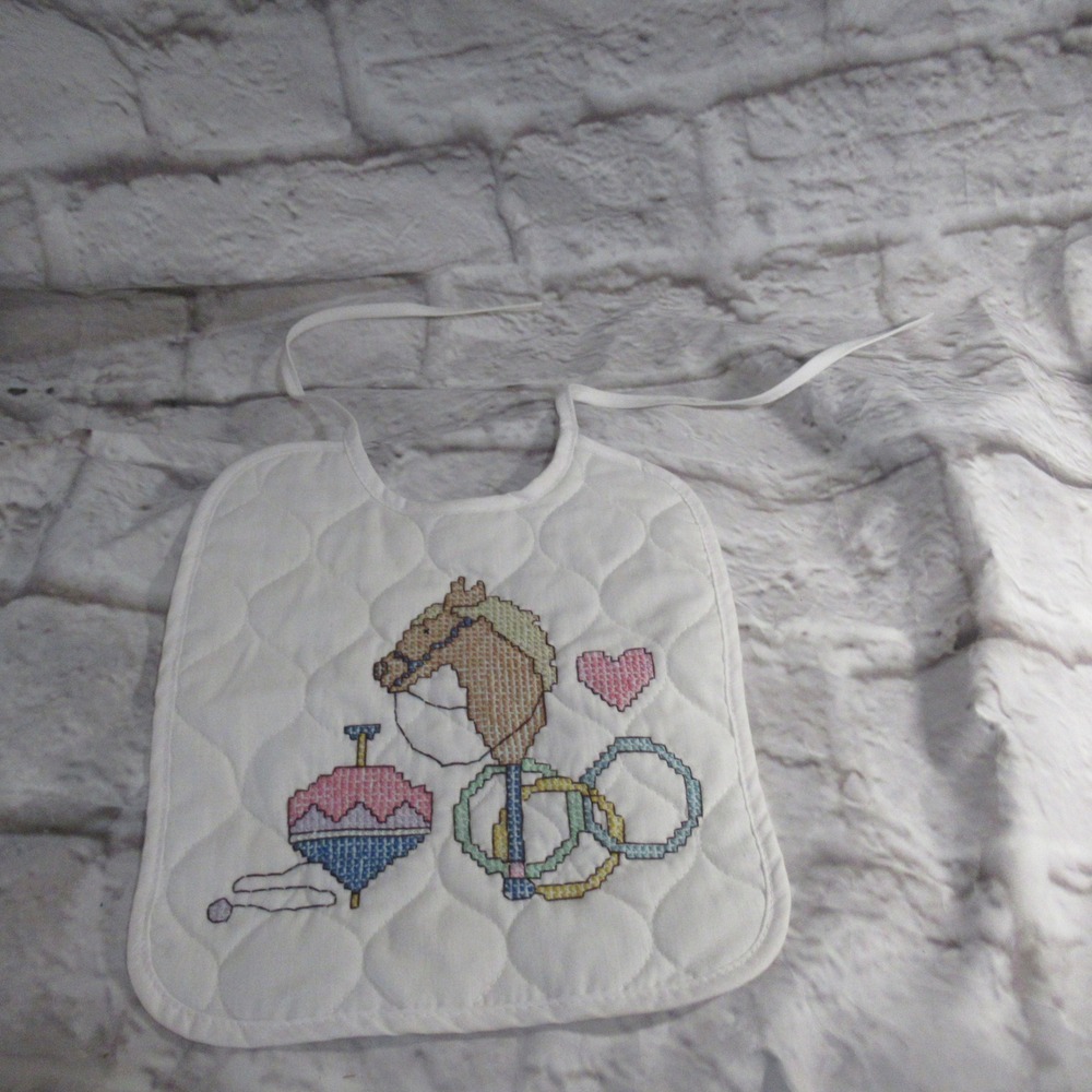 Personal Wares Baby Bib Kids OS White Excellent Cross Stitch Handmade Quilted